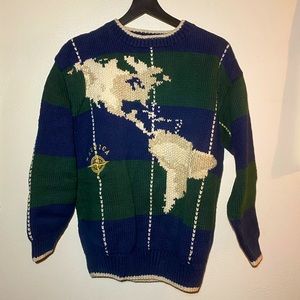 Nautica Green and Blue Knit Sweater Medium World Map Design Vintage